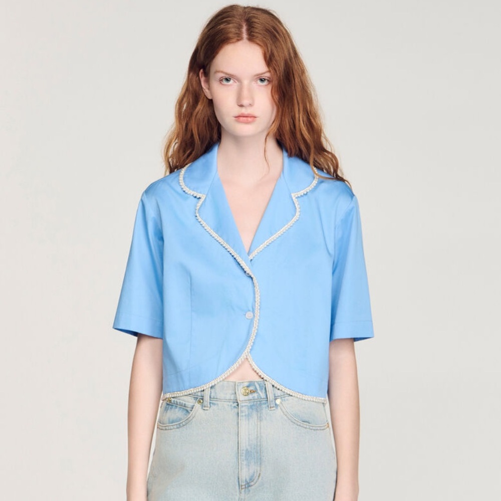 Sandro Cotton shirt with Beaded Trim Size 1FR/US Small